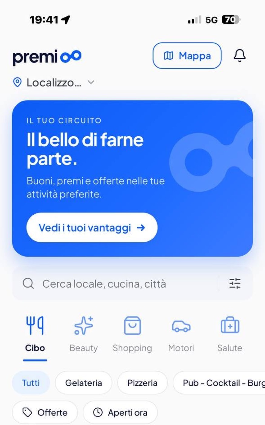L'app Premioo: il tuo circuito, buoni, premi e offerte, categorie Cibo, Beauty, Shopping, Motori, Salute